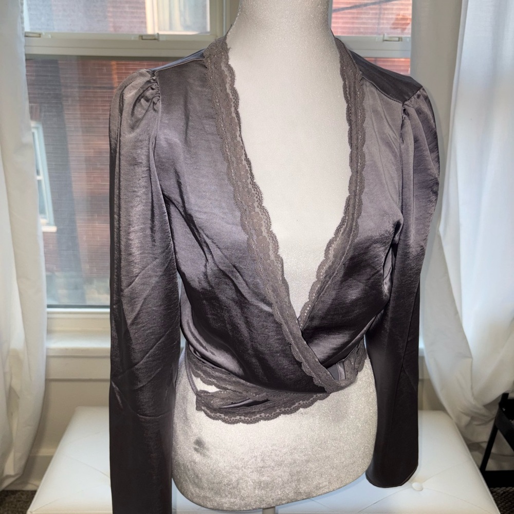 Forever 21 Lavender Satin Lace-Trim Wrap Top